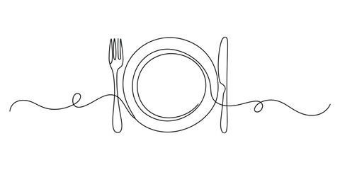 Continuous line drawing of a plate with fork and knife © Das