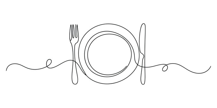 Continuous line drawing of a plate with fork and knife