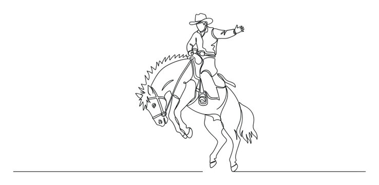 Single continuous line drawing of a cowboy on a bucking horse for dynamic western rodeo designs