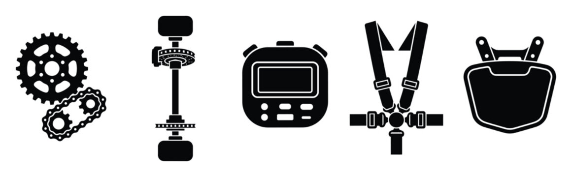 Mechanical power transmission, timing device, and protective safety gear symbols perfect for engineering and sports projects