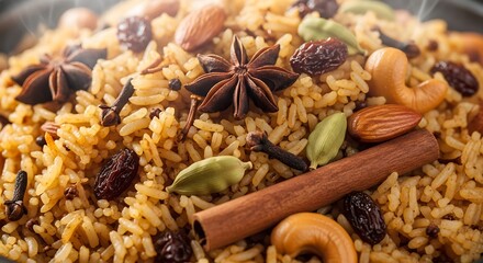 Fototapeta premium Close-up of nasi kebuli rice with visible spices, raisins, and nuts, highlighting aromatic texture, rich flavor, and traditional Indonesian Middle Eastern fusion cuisine.