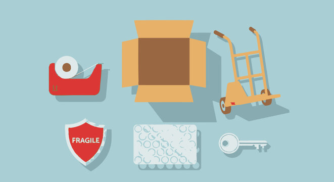 Flat vector moving and logistics icons, cardboard box and fragile label, hand truck dolly and storage rack, tape and key tools for packing shipping