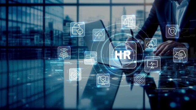 Businessman in modern office working on laptop with HR icon connected to cloud, protection and security symbols, illustrating digital workforce management and smart business technology