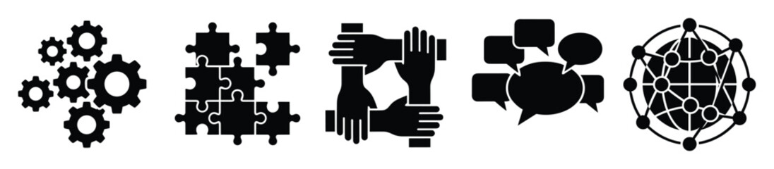 Obraz premium Set of business icons depicting teamwork, communication, strategy, process, and global connection needs.