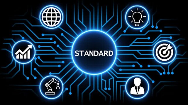 standard concept with circuit lines and digital symbols hovering above a businessman, technology. manufacturing process management all connected in a digital circle like pattern.