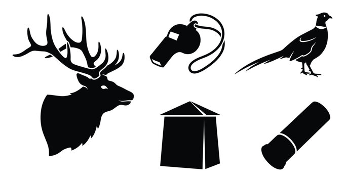 Collection of hunting and wildlife related silhouettes featuring majestic deer whistle pheasant and shotgun shell