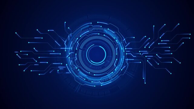 Blue circular HUD interface with glowing circuit lines, central ring, and dark tech background. for AI videos, cyber security intros, data screens, software promos, futuristic titles, and overlays.