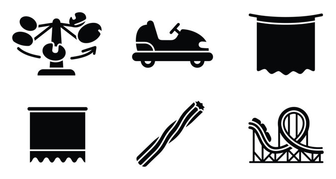 Collection of amusement park rides banner display and measurement icons for entertainment graphics