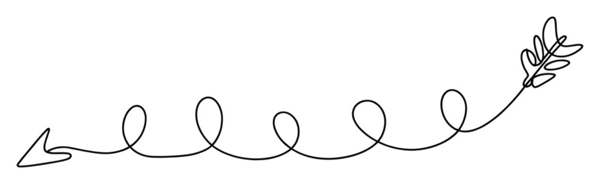 Simple hand drawn curly arrow continuous line graphic for accent or decorative pointer