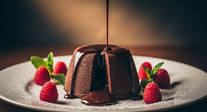 chocolate fondant dessert drizzled with sauce and fresh strawberries on plate