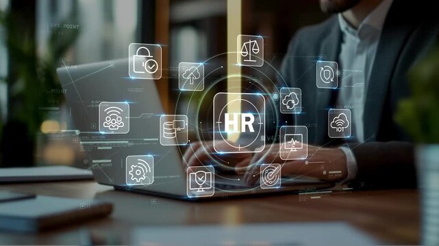 Business professional in modern office working on laptop with HR icon surrounded by cloud, protection and security symbols, illustrating connected workforce technology
