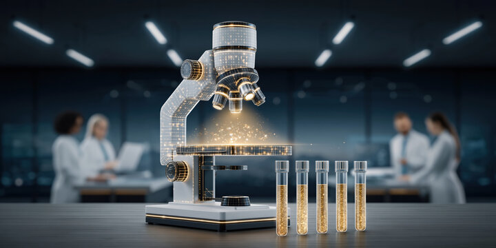Digital microscope business laboratory analysis with glowing sample and test tube array showing scientific discovery