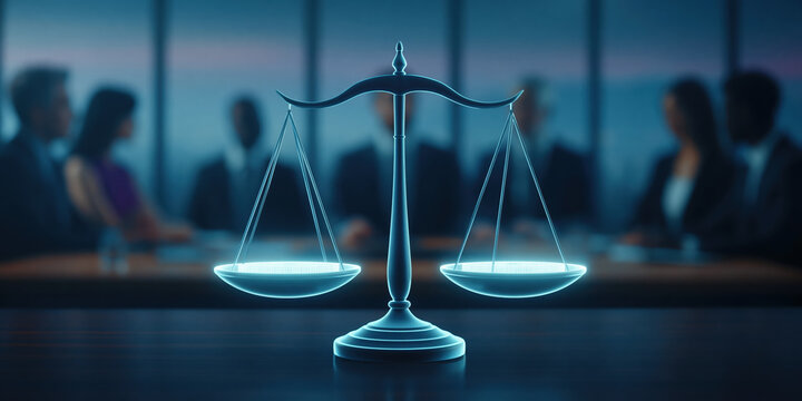 Business legal balance scale glowing on conference table with diverse team discussing law and fairness in meeting