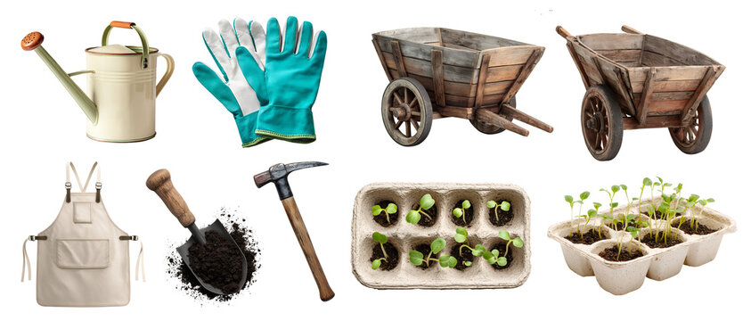 Set of gardening farming planting checklist kit equipment, hoe, garden soil, fertiliser seedlings, watering can, trowel spade, seed tray, transparent cutout PNG mockup