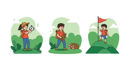Fototapeta premium Adventurous children enjoy various camping activities including using a compass, carrying firewood, and reaching a mountain peak with a flag.