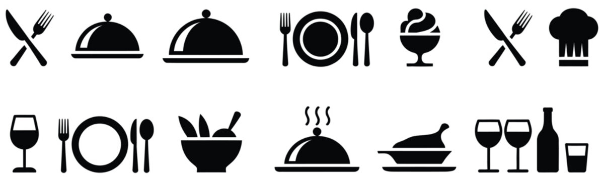 Food icons set featuring plate with fork, knife, and spoon symbols for restaurant menu logotype, catering services, dining, cafe, and food industry design.