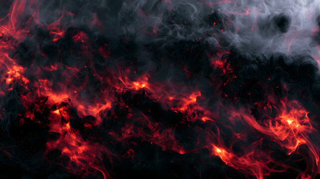 Charcoal smoke curls with burning red and orange embers in a dark dramatic abstract backdrop