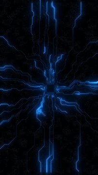 Electric blue circuitry scene bright network traces, chip pathways, code details, modern technology layout. computing hardware promos, server concepts, digital dashboards, science titles, tech loops.