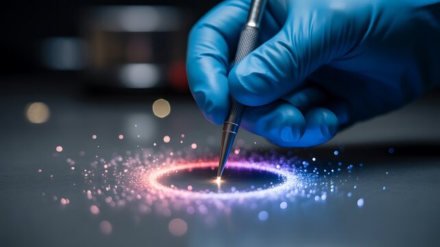 Close up macro of gloved hand holding glowing d n a double helix model blue nitrile glove dna double helix