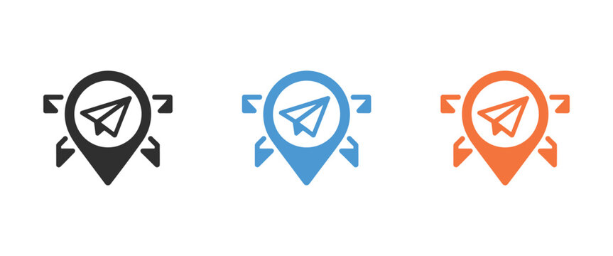 Adobe Vibrant location pin icon vector set in black, blue, and orange for navigation, mapping, and GPS interface design elements.Artwork