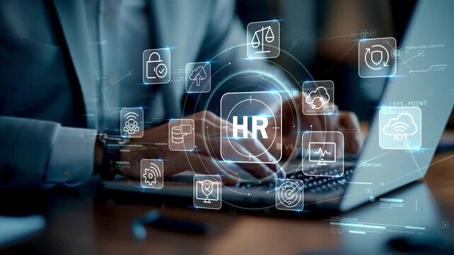 Businessman in modern office using laptop with HR icon and connected cloud, lock and cybersecurity symbols, illustrating smart workforce management and digital transformation