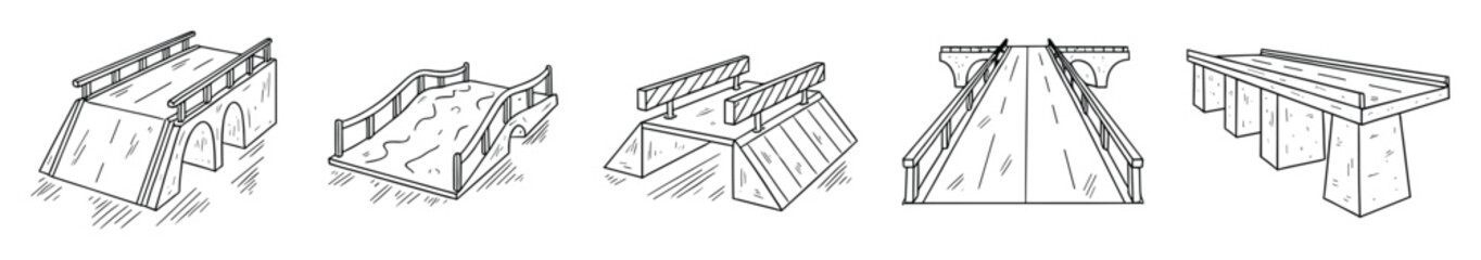 Naklejka premium Hand drawn line sketches of various bridge designs for engineering projects and infrastructure planning.