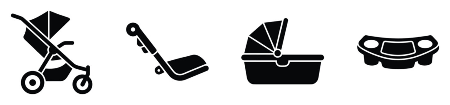 Infant and toddler travel gear icons including stroller car seat bassinet for childcare