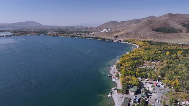 Drone Footage of Blue Lake Sevan and Rural Hills