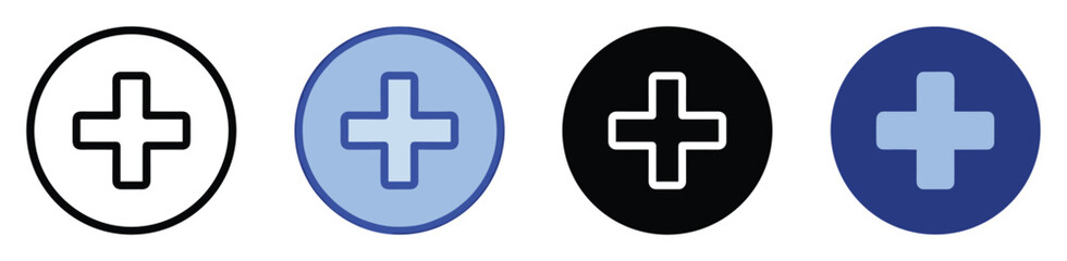 Fototapeta premium Universal plus sign icon set in diverse circular styles for web interfaces, medical symbols, and adding content