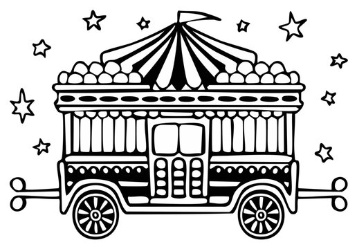 Black and white illustration of vintage circus wagon and stars