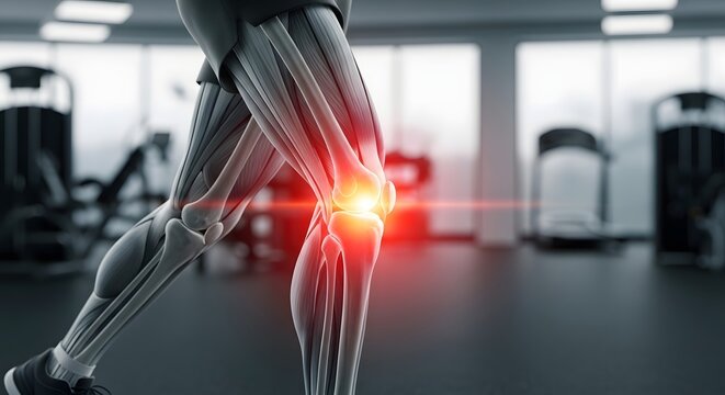 Human knee joint anatomy and leg muscle pain. Sports injury and orthopedic health. Muscle structure of a runner with glowing red knee inflammation