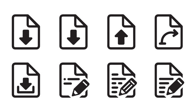 Document management system icons featuring download upload edit and redirect file outline graphics.