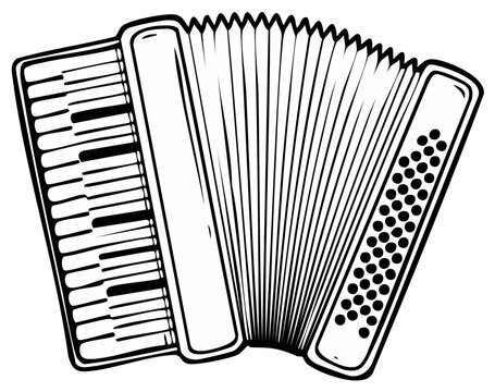 Black and white line art illustration of a classic accordion musical instrument