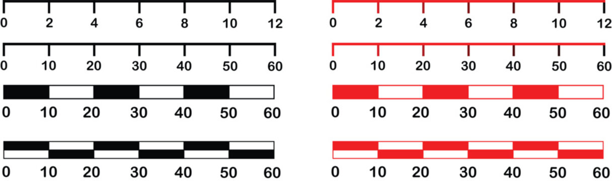 Measurement Scale Ruler Set Vector, Number Line and Progress Bar Indicators in Black and Red
