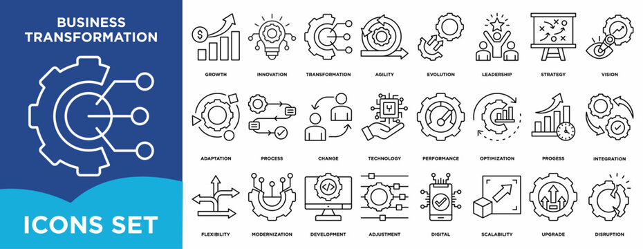 Business Transformation icon set illustrating flexibility, process, growth, innovation, transformation, change, agility, and  evolution for management and corporate pr