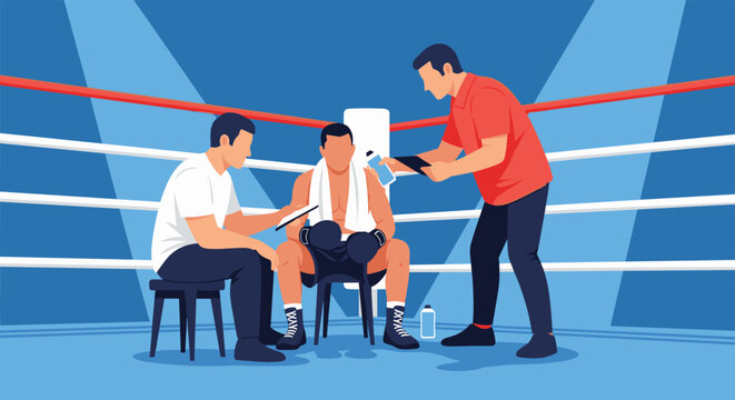 Professional boxer sitting in his corner during a break while receiving instructions from his coach and drinking water from his assistant in the ring.