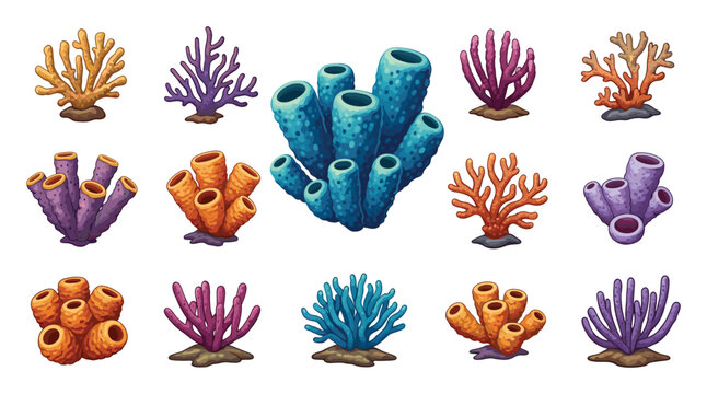Vibrant collection of diverse ocean reef corals and sponges perfect for underwater adventure game assets or marine biology education