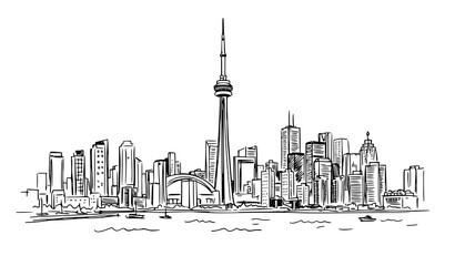 Fototapeta premium Hand drawn Toronto cityscape vector sketch with CN Tower and downtown buildings isolated on white