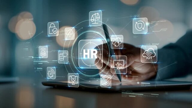 Professional businessman in modern office working on tablet with HR and cybersecurity icons, representing connected workforce analytics, cloud services and digital transformation