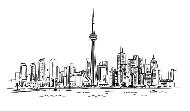Hand drawn Toronto cityscape vector sketch with CN Tower and downtown buildings isolated on white