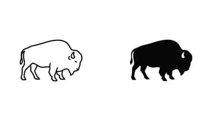 Fototapeta premium Bison silhouette icon set showing minimalist outline and solid black vector shapes for professional wildlife graphic design projects and branding elements