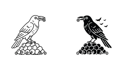 Crow bird icon set holding coin on pile of treasure in outline and solid black for fantasy and gaming design © Vertex