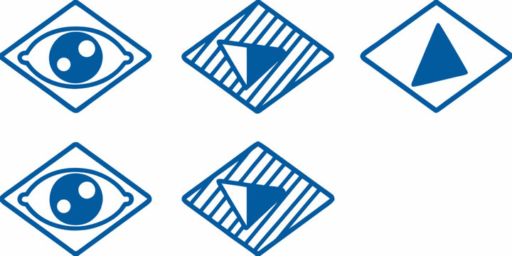 Blue geometric icons set including eye triangle and striped pattern on white background high quality