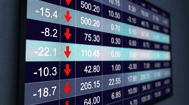 Stock market crash, finance, bear market, economic recession, trading loss, digital screen, business data display showing red arrows and falling share prices during a global crisis.