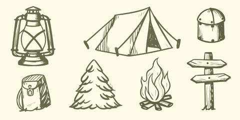 Sketch of camping equipment including a lantern tent backpack and campfire on a white background © Dayal