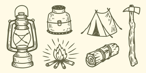 Camping equipment set hand drawn sketch illustration with lantern tent and campfire high quality professional © Dayal