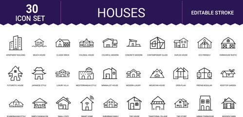 Houses icon set featuring various architectural building styles in thin line vector art. © SHORIFULDESIGNS