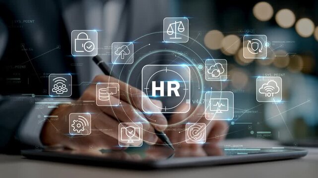 Businessman analyzing workforce data on tablet with HR, cloud and protection icons, illustrating secure employee management and smart business systems in modern office