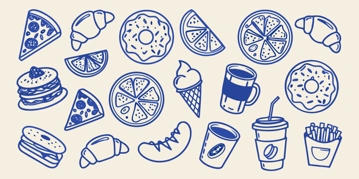 Hand drawn food doodles collection including pizza burgers donuts and ice cream high quality professional