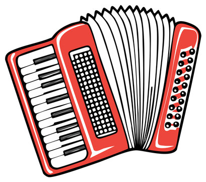 Classic red accordion musical instrument with white keys and bellows on a clean background